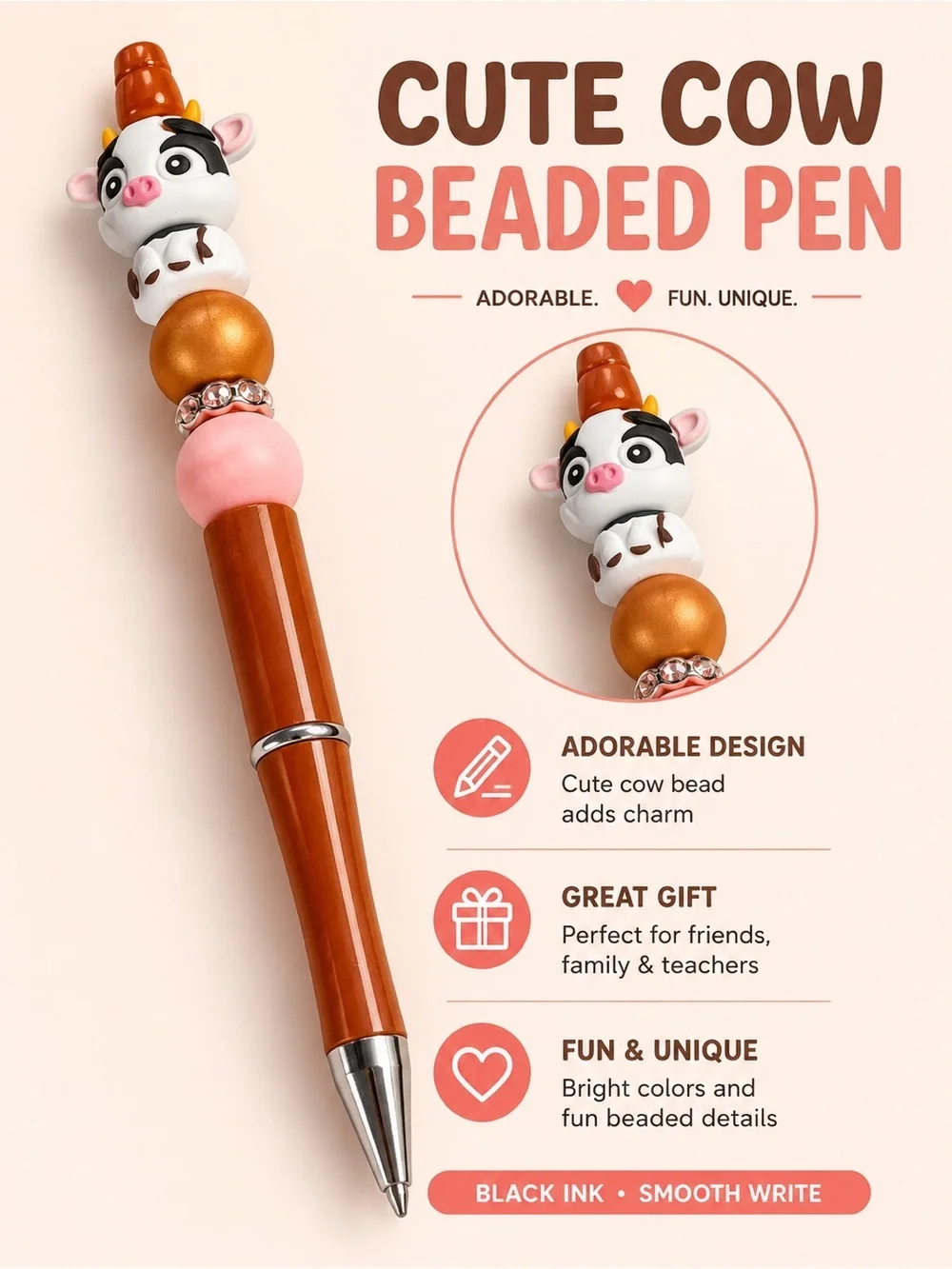 Hand Crafted Brown and Pink Cow Beaded Pen